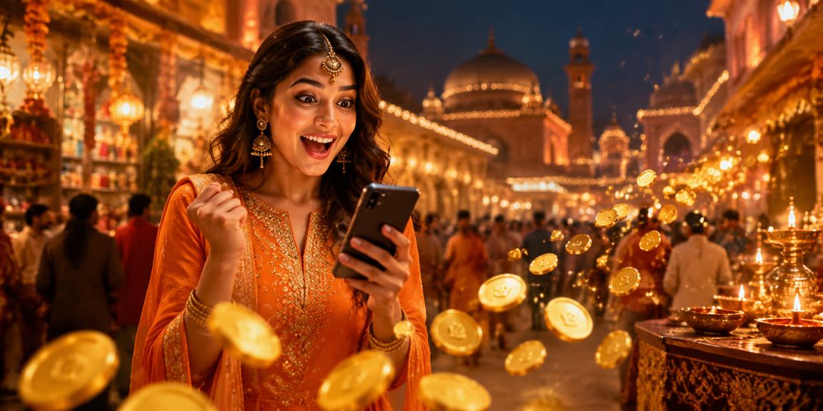Mobile user enjoying lottery games during India’s Diwali festival with festive backgrounds