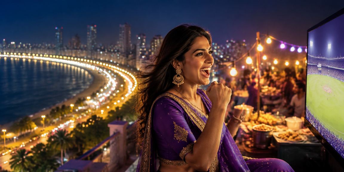 Night cricket betting market at Mumbai Marine Drive with vibrant city lights